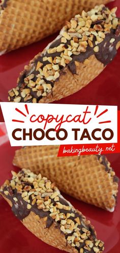 Out of delicious dessert recipes? Try this Copycat Choco Taco! This no-bake choco taco recipe is a crunchy waffle cone taco filled with ice cream and topped with chocolate. Pin this simple sweet treat! Desert Taco Recipe, Diy Choco Taco, Taco Dessert Ideas Easy Recipes, Chocolate Tacos Desserts, Choco Taco Homemade, Choco Taco Recipe, Dessert Tacos Recipes, Oreo Tacos, Taco Bar Dessert Ideas