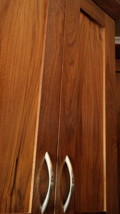 two metal handles on wooden cabinets in a room