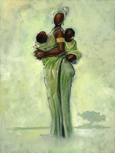 a painting of a woman holding a child in her arms and wearing a green dress