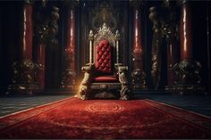 a red chair sitting on top of a red rug in front of some gold pillars