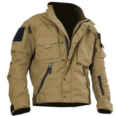 Tactical Long Sleeve Solid Outerwear, Beige Military Style Long Sleeve Outerwear, Tactical Solid Outerwear For Outdoor Activities, Military Style Long Sleeve Windbreaker For Outdoor Work, Winter Parka For Outdoor Work, Fitted Long Sleeve Outerwear For Outdoor, Beige Long Sleeve Outerwear With Multiple Pockets, Khaki Tactical Winter Outerwear, Black Tactical Long Sleeve Outerwear