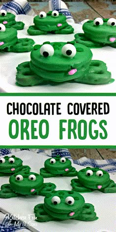 chocolate covered oreo frogs on a white plate