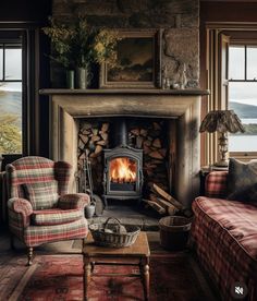 a living room filled with furniture and a fire place in the middle of it's fireplace