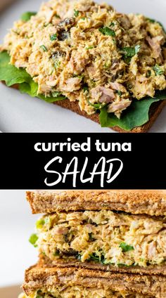 the tuna salad is cut in half and stacked on top of each other