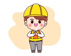 a boy wearing a yellow hard hat and holding his hands together in front of him