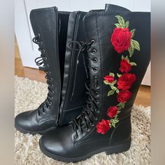 Cute Lace Up Boots! Never Worn. Pretty Rose Pattern On Side Casual Boots By Forever 21, Casual Forever 21 Boots For Spring, Blue Purple Wedding, Dream Shoe, Pretty Rose, Forever 21 Shoes, Pretty Roses, Shoes Lace, Shoe Closet