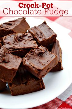 chocolate fudge on a white plate with red checkered table cloth