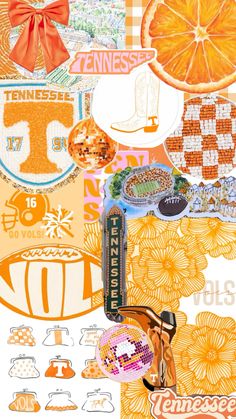 an orange and white collage with many different things