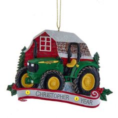 John Deere™ 5075 with Barn Ornament White Banner, John Deere Tractor, John Deere Tractors, Christmas Decoration Items, Red Barn, Round Decor, Keepsake Ornaments, Joy And Happiness, How To Make Ornaments