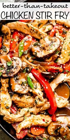 chicken stir fry with peppers and mushrooms in a skillet