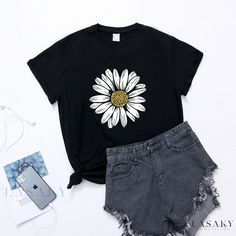 Lasaky - Comfortable Fit Blouse with Relaxed Style and Pretty Flower Pattern Black Floral Print Casual T-shirt, Black T-shirt With Sunflower Print For Spring, Black Floral Cotton Top, Black Floral Print Crew Neck Tops, Spring Printed Black T-shirt, Spring Black T-shirt With Floral Print, Spring Black Printed T-shirt, Casual Black T-shirt With Plant Print, Black Floral Print T-shirt For Spring