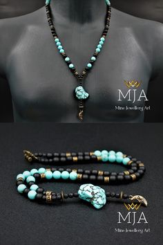 The handmade necklace is made of a Turquoise Pendant and brass moon, 8 mm natural Turquoise beads, 8 mm natural matte black onyx beads, 4 mm natural lava stone, brass accessory, and black nylon cord, at the ends I used lobster claw. Turquoise Jewelry With Black Beads For Gift, Turquoise Beaded Necklaces With Black Beads As Gift, Gift Turquoise Beaded Necklaces With Black Beads, Turquoise Necklace With Black Beads As Gift, Black Bohemian Turquoise Necklace As A Gift, Bohemian Black Turquoise Necklace As Gift, Black Bohemian Turquoise Necklace Gift, Black Bohemian Necklace As Gift, Handmade Black Turquoise Necklace With Round Beads