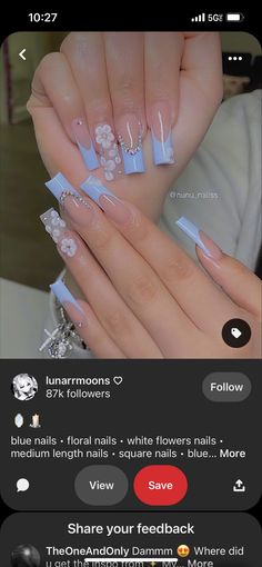 Sweet 16 Nails, Light Blue Nail Designs, Baby Shower Nails, Quince Nails, Acrylic Nails Almond Shape, Blue And Silver Nails, Sky Blue Nails