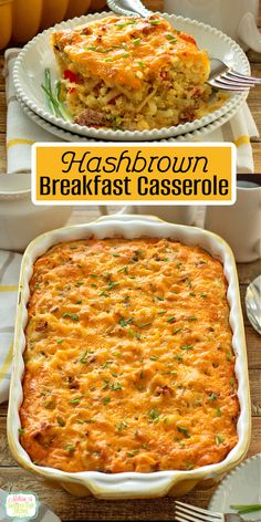 hashbrown breakfast casserole is shown in two different dishes