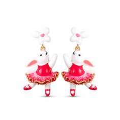 Unique and stunning, these sweet bunny earrings will take your breath away. Made in sterling silver and hand-enameled, each earring features a little flower as the stud and a dancing white rabbit in a pink ballet skirt as the drop part. This adorable piece captures the essence of whimsy and adds a touch of playfulness to your ensemble. An incredible addition to any jewelry collection, but especially for those who love rabbits, spring and Easter celebrations.Weight: 3.2 gWidth: 14.55 mmHeight: 28 Easter Jewelry Gift For Pierced Ears, Easter Gift Jewelry For Pierced Ears, Whimsical Pink Enamel Earrings, Playful Enamel Earrings Gift, Playful Enamel Earrings As Gift, White Enamel Earrings For Gift, White Enamel Earrings For Gifts, Whimsical White Flower Earrings, White Hypoallergenic Enamel Earrings