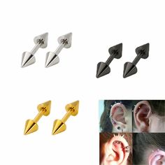 four different types of ear piercings in various shapes and sizes, all with spikes