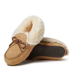 Meet the perfect slipper for all-day, all-year relaxation! Fold down the cuffs if you're feeling too warm or flip them back up for added coziness. Built-in DF Adapt technology promises no-sweat comfort, while our proven indoor/outdoor outsoles offer extra support during busy days. Genuine cow suede upper with tie and plush faux shearling lining and footbed. Versatile upper can be worn folded up or folded down. DF Adapt no sweat comfort regulates foot temperature. Multi-density cushioned insole w Comfortable Slip-on Winter Moccasins, Comfortable Winter Slip-on Moccasins, House Shoes Slippers, Indoor Outdoor Slippers, Ballerina Slippers, Suede Moccasins, Closed Toe Shoes, Moccasins Slippers, House Shoes