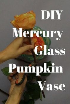 two hands are holding scissors to a glass pumpkin vase with flowers on it and the words diy mercury glass pumpkin vase