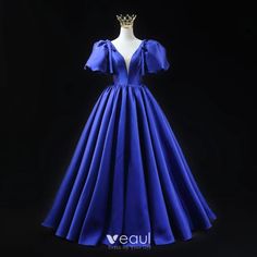 Royal Blue V-neck Formal Gown, Royal Blue Satin V-neck Dress, Formal Satin Ball Gown With V-neck, Formal Satin V-neck Ball Gown, Blue Satin V-neck Gown, Fitted V-neck Ball Gown, Royal Blue V-neck Evening Dress For Wedding, Blue V-neck Evening Gown, Blue V-neck Gown