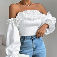 Super Cute And Stylish Ships In 5-10 Business Days Outfit Ideas Fashion Week, Top With Ruffles, Puffy Sleeve Tops, Beautiful Tops, Picnic Attire, Off Shoulder Ruffle Top, Wide Sleeve Top, Puffy Sleeve Top, Chic Maxi Dresses