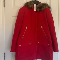 Questions? Leave A Comment Below! Red Outerwear With Faux Fur Trim For Cold Weather, J Crew Chateau Parka, Green Wool Coat, Chambray Jacket, J Crew Jacket, Fur Hood Coat, Long Coat Jacket, Red Coat, Jcrew Women