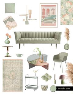 a living room filled with lots of furniture and decorating items in pastel colors