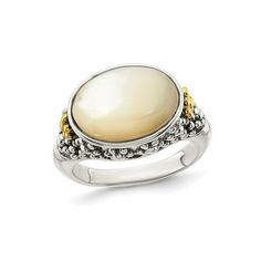 This ring is beautifully enhanced with a smooth Mother of pearl bezel set in a stunning blend of sterling silver and 14 karat yellow gold overlay. This vintage style ring is both affordable and fashionable. White Mother of Pearl Ring in Sterling Silver with 14K Gold Accents Size: 8.  Gender: female.  Age Group: adult. Vintage Style Rings, Gold Accents, Pearl Ring, Bezel Setting, Mother Of Pearl, Womens Watches, Women Rings, Jewelry Watches, Gems