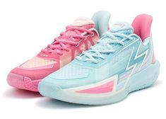 a pair of shoes with pink, blue and white laces on the upper part