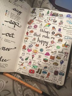 an open notebook with doodles and writing on the pages that says, things that make me happy