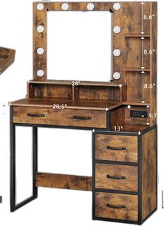 an image of a wooden vanity with drawers and mirror on it's side, showing measurements