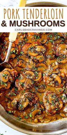 a pan filled with cooked mushrooms and sauce