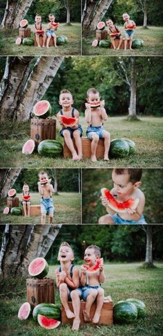 two young boys eating watermelon while sitting on a wooden box in the grass