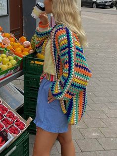 Rainbow Stripe Crochet Loose Cardigan Multicolor Knit Summer Outerwear, Multicolor Knit Outerwear For Summer, Trendy Crochet Cardigan For Summer, Multicolor Open Knit Outerwear For Fall, Casual Crochet Outerwear For Beach, Multicolor Open Knit Outerwear For Spring, Multicolor Open Knit Spring Cardigan, Spring Multicolor Open Knit Cardigan, Halloween Cardigan