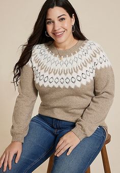 Plus Size Fair Isle Eyelash Crew Neck Sweater | maurices Maurices Plus Size, Sweater Brown, Sweater Material, Brown Sweater