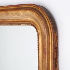 an ornate gold framed mirror against a white wall with the reflection of a cat on it's side