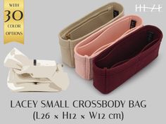 three small cross body bags with zippers on each side and the same bag in different colors