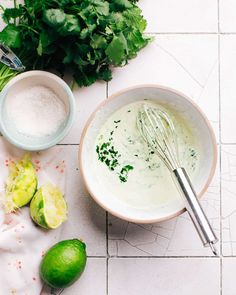 the ingredients to make this dish include limes, sugar, and sour cream in bowls