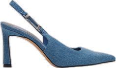 Spring Formal Denim Heels, Trendy Fitted Slingback Pumps For Spring, Trendy Slingback Pumps For Spring Workwear, Chic Formal Denim Heels, Chic Denim Heels With Pointed Toe, Chic Denim Heels For Formal Occasions, Denim Heels With Pointed Toe For Evening, Blue Slingback Pumps For Work, Blue Slingback Pumps For Spring Workwear