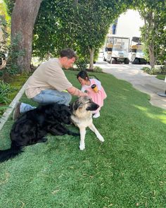 a man and two children petting a dog on the grass