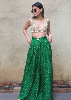 Crop - nude tulle that creates an illusion of skin with a lace underlay, hand embroidered asters, lilacs, freesias with light gold floss, beads, and pearls. Pants - vintage pleat, high-waist handwoven, hand-dyed silk bandhani trousers with pockets. Haldi Outfit, High Waisted Flare Pants, Indian Inspired, Embroidery Top, Pants Vintage, Dyed Silk, Indian Clothes, High Waisted Flares, Hand Dyed Silk