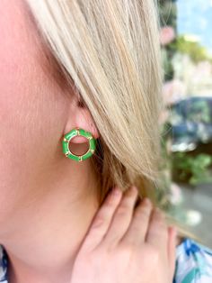 Add a refreshing pop of pine green to your spring outfit with our Liz earrings! These gorgeous huggies have bamboo details in a fresh pop of green! Pine Green, Spring Outfit, Pineapple, Bamboo