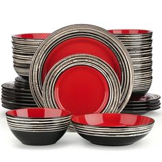 red and black dishes are stacked on top of each other