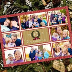 a christmas card with photos of people and their families on it, surrounded by pine cones