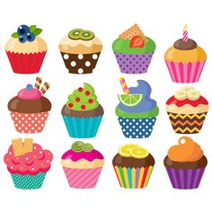 an assortment of cupcakes with different toppings