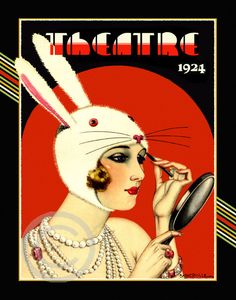 an advertisement for theatre magazine featuring a woman with bunny ears and pearls on her head