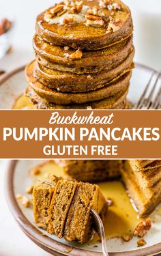 stack of pumpkin pancakes on a plate with a fork