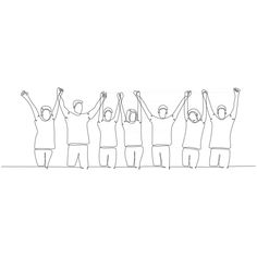 a line drawing of people holding their hands in the air with one person standing behind them