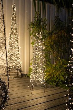 christmas trees are lit up on the deck