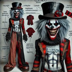 two creepy clowns are standing next to each other in front of a poster that says illusion