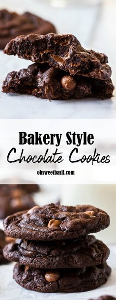 chocolate cookies stacked on top of each other with the words bakery style chocolate cookies above them